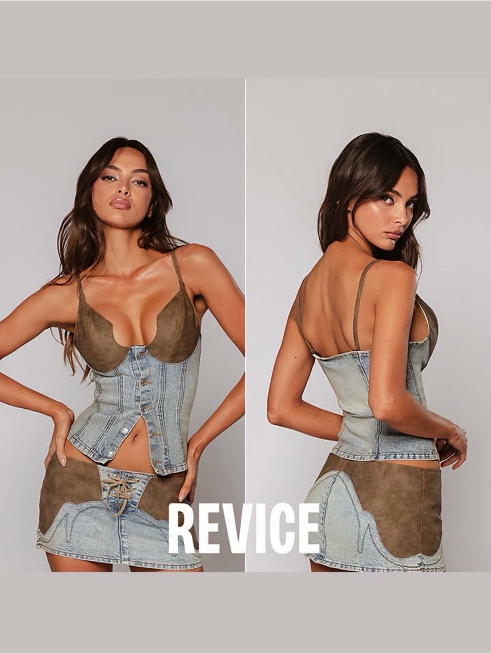 REVICE Olive Suede and Light Denim Bustier and skirt